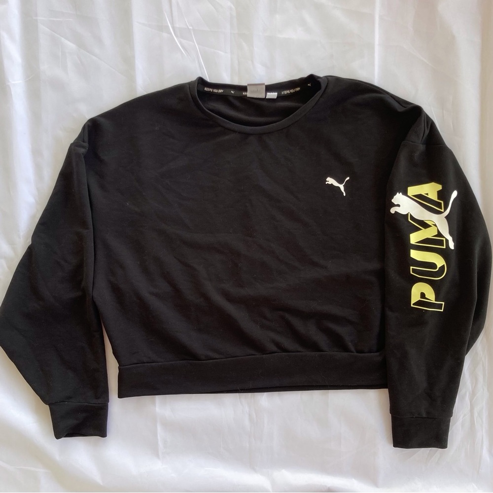 PUMA DROP SHOULDER CROP TOP WORKOUT LIGHTWEIGHT, WOMENS XL BLACK WITH BRANDING